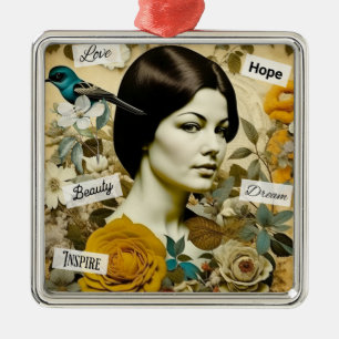 Vintage Woman and Bluebird Personalised Christmas Metal Ornament