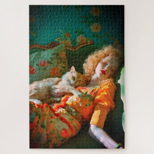 Vintage Woman and Cat Wall Art – Romantic Floral Jigsaw Puzzle