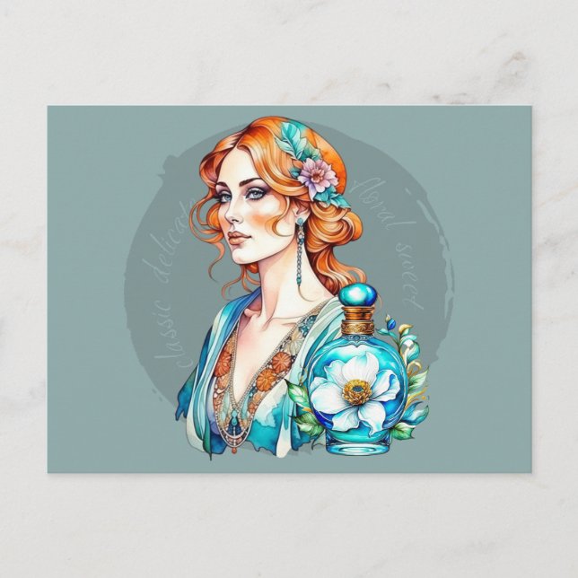 Vintage Woman and Teal Perfume Bottle Postcard (Front)