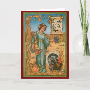 Vintage Woman And Turkey Thanksgiving Card