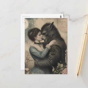 Vintage Woman and Werewolf in Love Postcard