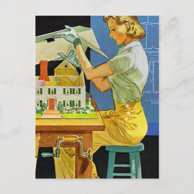 Vintage Woman Architect Miniature House Blueprints Postcard (Front)