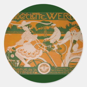 Vintage Woman Cycling with Cupid Classic Round Sticker