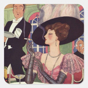 Vintage Woman Drinking Champagne Smoking Cigarette Square Sticker