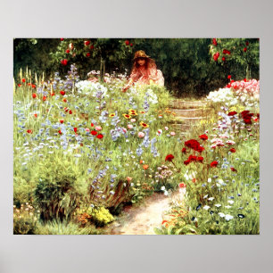 VINTAGE WOMAN FLOWER GARDEN LANDSCAPE POSTER