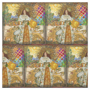 Vintage Woman Golden Sun: Leo Zodiac Collage Art Fabric