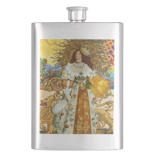 Vintage Woman Golden Sun: Leo Zodiac Collage Art Hip Flask