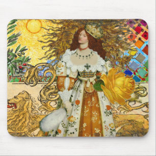 Vintage Woman Golden Sun: Leo Zodiac Collage Art Mouse Pad