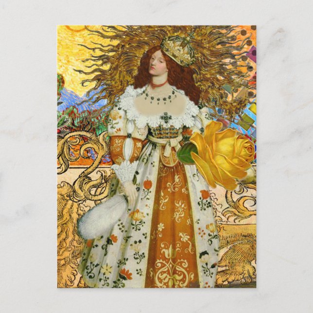 Vintage Woman Golden Sun: Leo Zodiac Collage Art Postcard (Front)