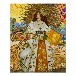 Vintage Woman Golden Sun: Leo Zodiac Collage Art Poster