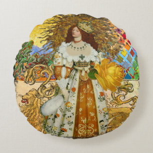 Vintage Woman Golden Sun: Leo Zodiac Collage Art Round Cushion