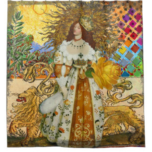 Vintage Woman Golden Sun: Leo Zodiac Collage Art Shower Curtain