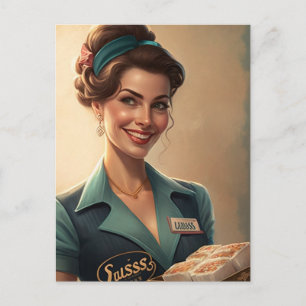 Vintage Woman Hostess with Food Postcard