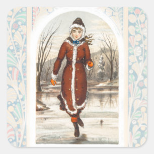 Vintage Woman Ice-Skating (1865–1899) Christmas Square Sticker