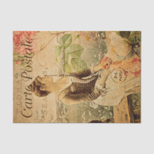 Vintage Woman in Countryside Floral Flowers French Tissue Paper