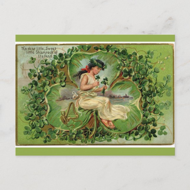 Vintage Woman in Giant Shamrock Postcard (Front)