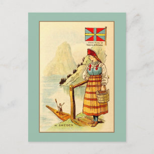 Vintage woman In Sweden, Union flag, mountains Postcard