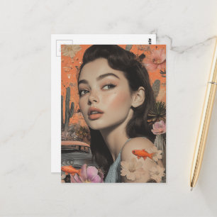 Vintage Woman in the Desert with Goldfish Surreal Postcard