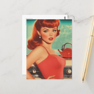 Vintage Woman in the Kitchen in a Red Dress Postcard