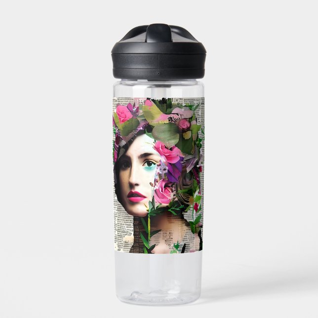 Vintage Woman Paper Collage Art Water Bottle (Front)