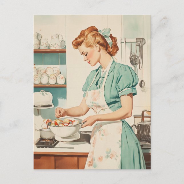Vintage Woman Preparing Easter Eggs Holiday Postcard (Front)