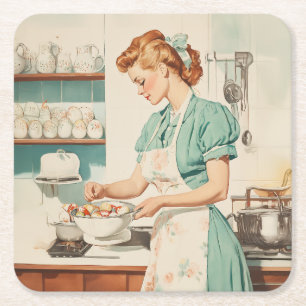 Vintage Woman Preparing Easter Eggs Square Paper Coaster