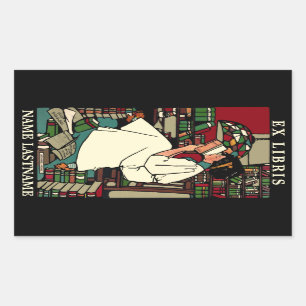 Vintage Woman Reading Ex Libris Bookplate Template Rectangular Sticker