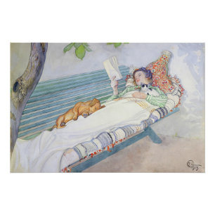 Vintage Woman Reading in Garden Illustration Poster