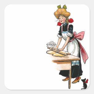 Vintage Woman Rolling Dough Square Sticker
