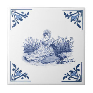 Vintage Woman Sewing Delft Corner Blue and White Ceramic Tile