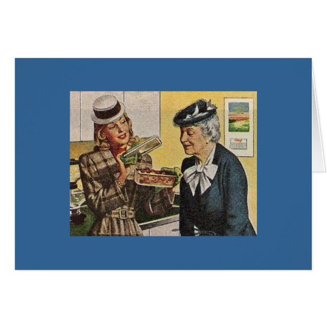 Vintage Woman Shows Casserole to Elder (Front Horizontal)