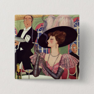 Vintage Woman Smoking Cigarette Drinking Champagne 15 Cm Square Badge