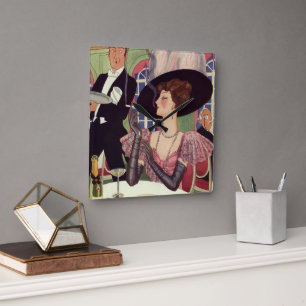 Vintage Woman Smoking Cigarette Drinking Champagne Square Wall Clock