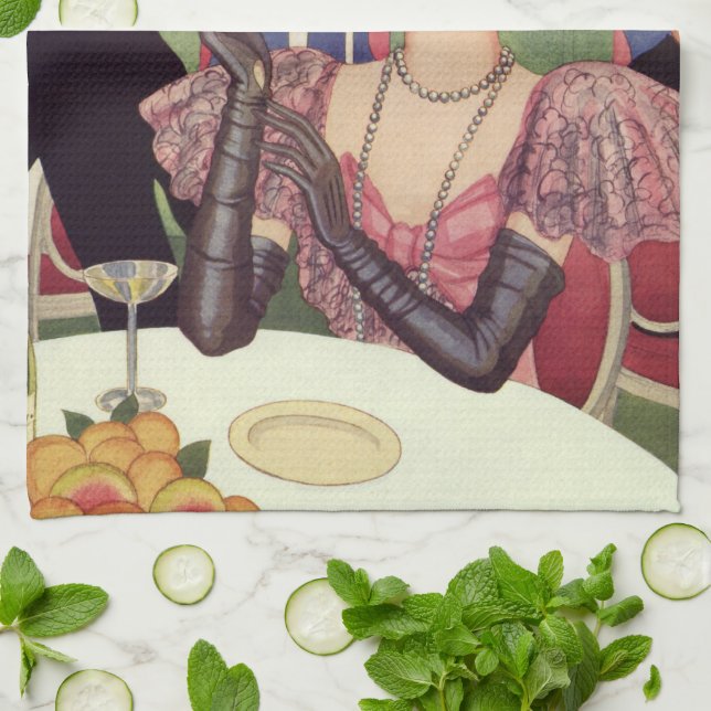 Vintage Woman Smoking Cigarette Drinking Champagne Tea Towel (Folded)