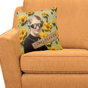 Vintage Woman Trailblazer Daisies Kitsch  Cushion