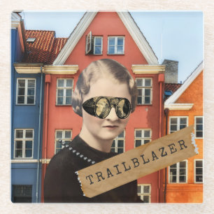 Vintage Woman Trailblazer Kitsch Altered Art Glass Coaster