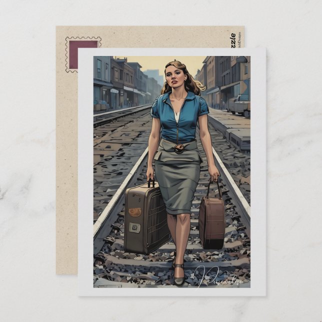 Vintage Woman Train Station Track Suitcases Postcard (Front/Back)