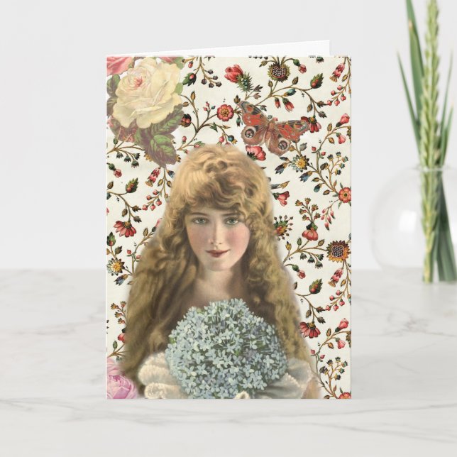 Vintage Woman with Calico Floral Pattern Card (Front)