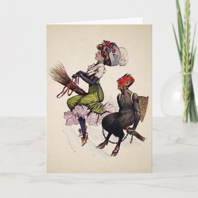 Vintage Woman with Krampus Christmas Card (Front)
