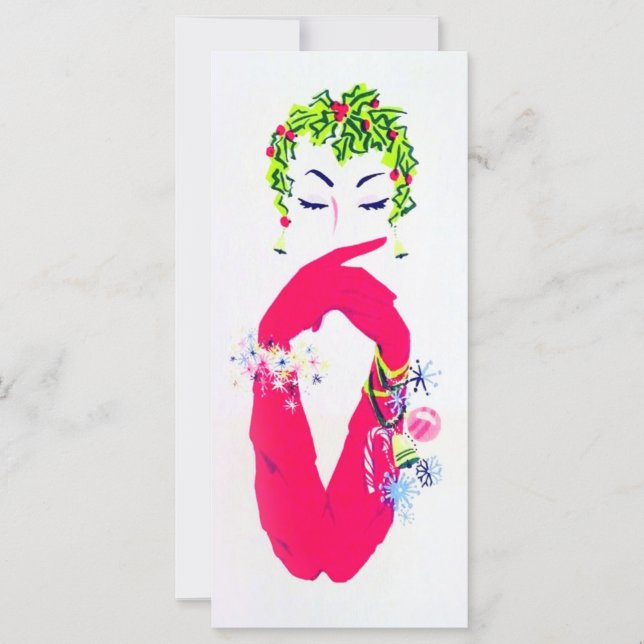 Vintage woman with long pink gloves Christmas card (Front)