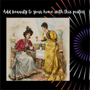 Vintage Women Drinking Wine Antique Poster