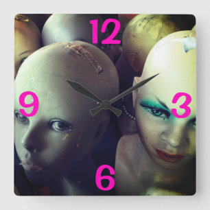 VINTAGE WOMEN MANNEQUIN FACES HEADS SQUARE WALL CLOCK