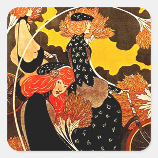 Vintage Women Riding Bicyles in Autumn Square Sticker