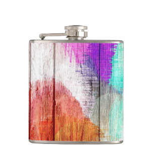 Vintage Wood Abstract Painting Hip Flask