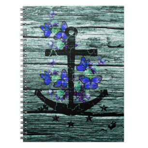 Vintage Wood & Black Anchor With Blue Butterflies Notebook
