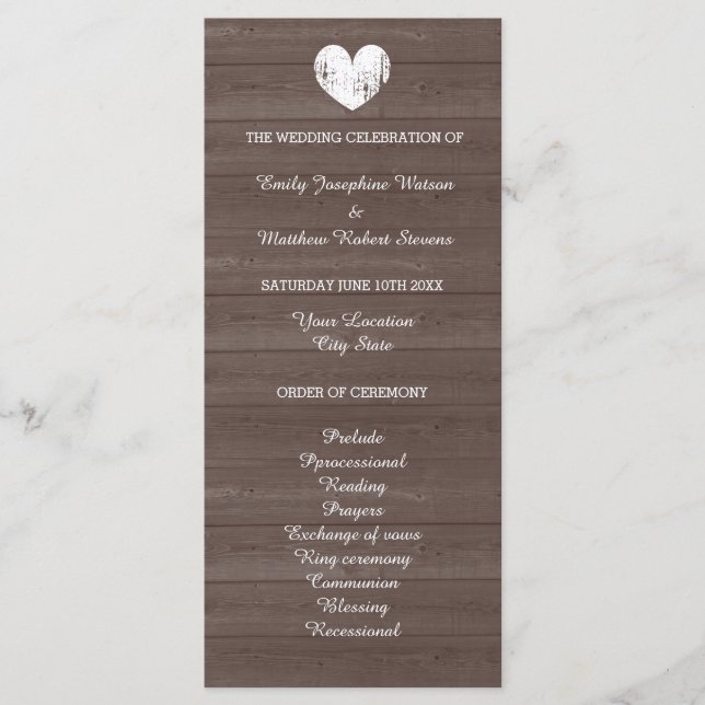 Vintage wood grain country chic wedding program (Front)