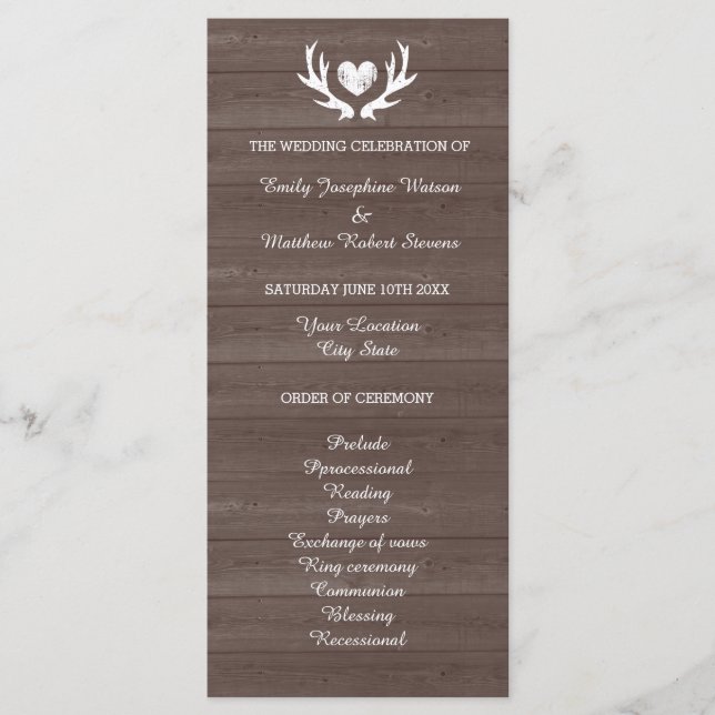Vintage wood grain deer antler wedding program (Front)