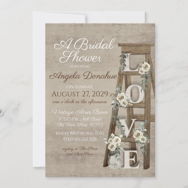 Vintage Wood Ladder and Roses Bridal Shower Invitation (Front)