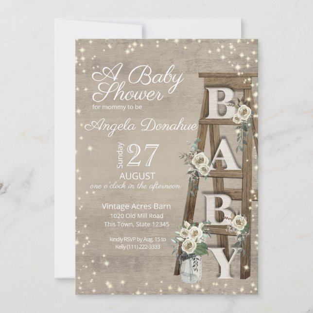 Vintage Wood Ladder and Sparkle Baby Shower Invitation (Front)