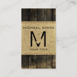 Vintage Wood Look Rustic Burlap Monogram #4 Business Card